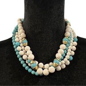 Chunky Torsade Necklace Blue White Beaded Multi Strand 20 Inch Length